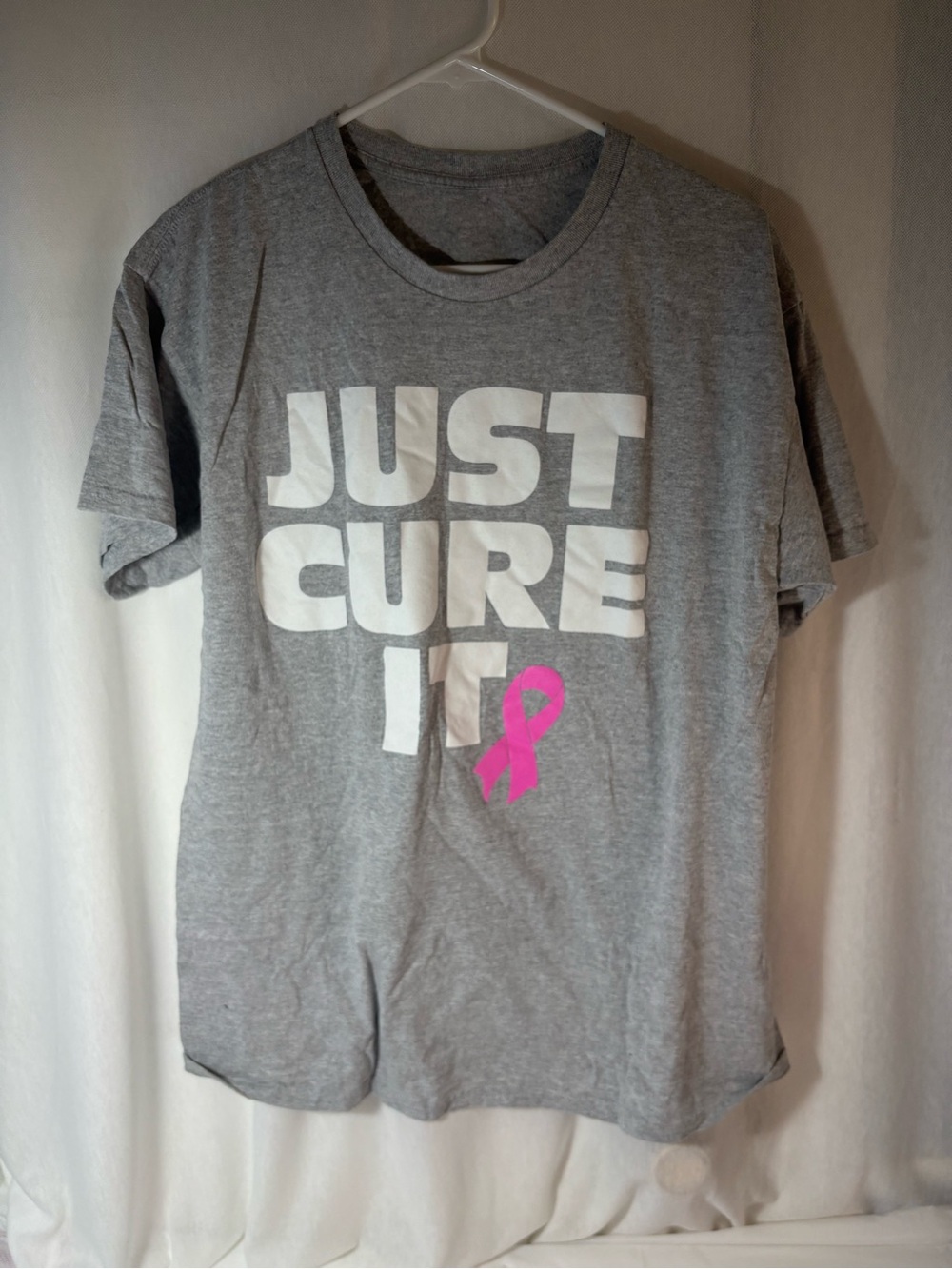 Gray Tee with Pink Ribbon Graphic - JUST CURE IT size large